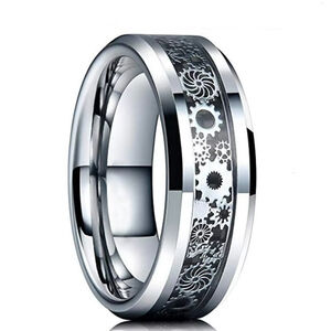 Men’s Bold Gear Ring – Silver with Black Inlay, Stainless Steel NIB